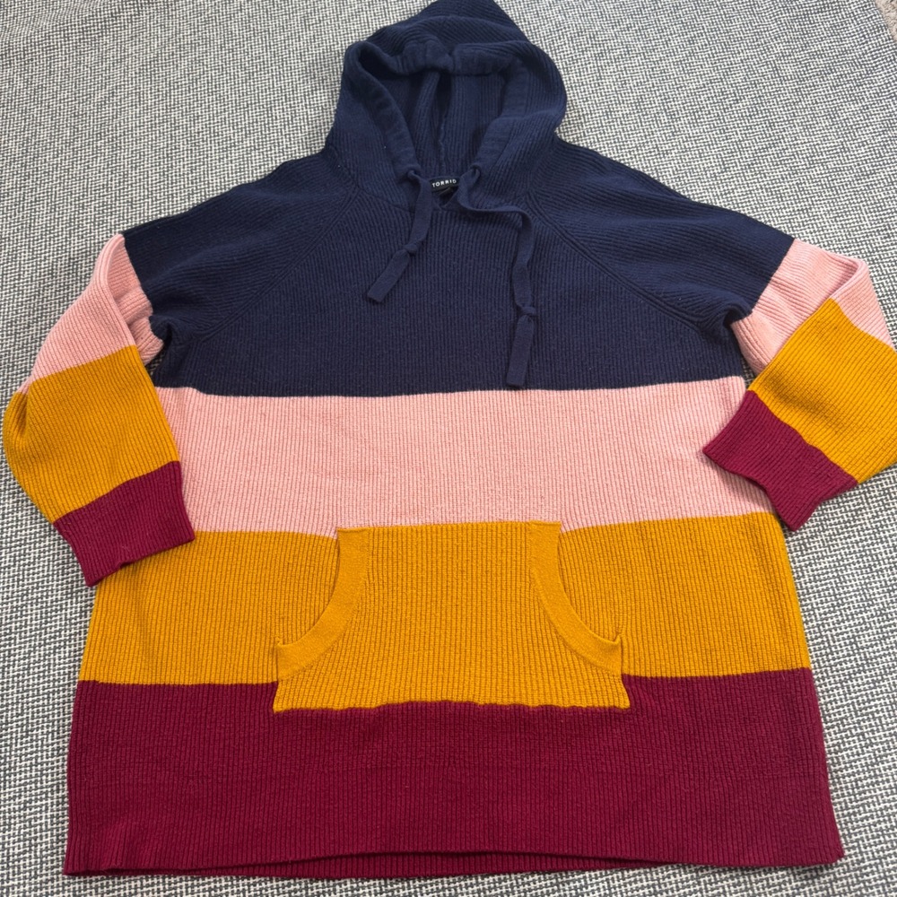 Torrid Womens Plus 4 Colorblock Ribbed Knit Pullover Hoodie Navy Pink Yellow